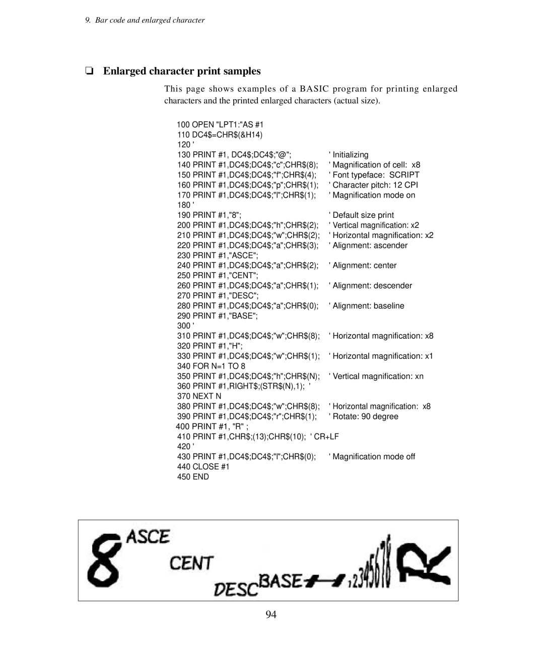 Seiko Group BP-9000 owner manual Enlarged character print samples, Print #1,BASE 