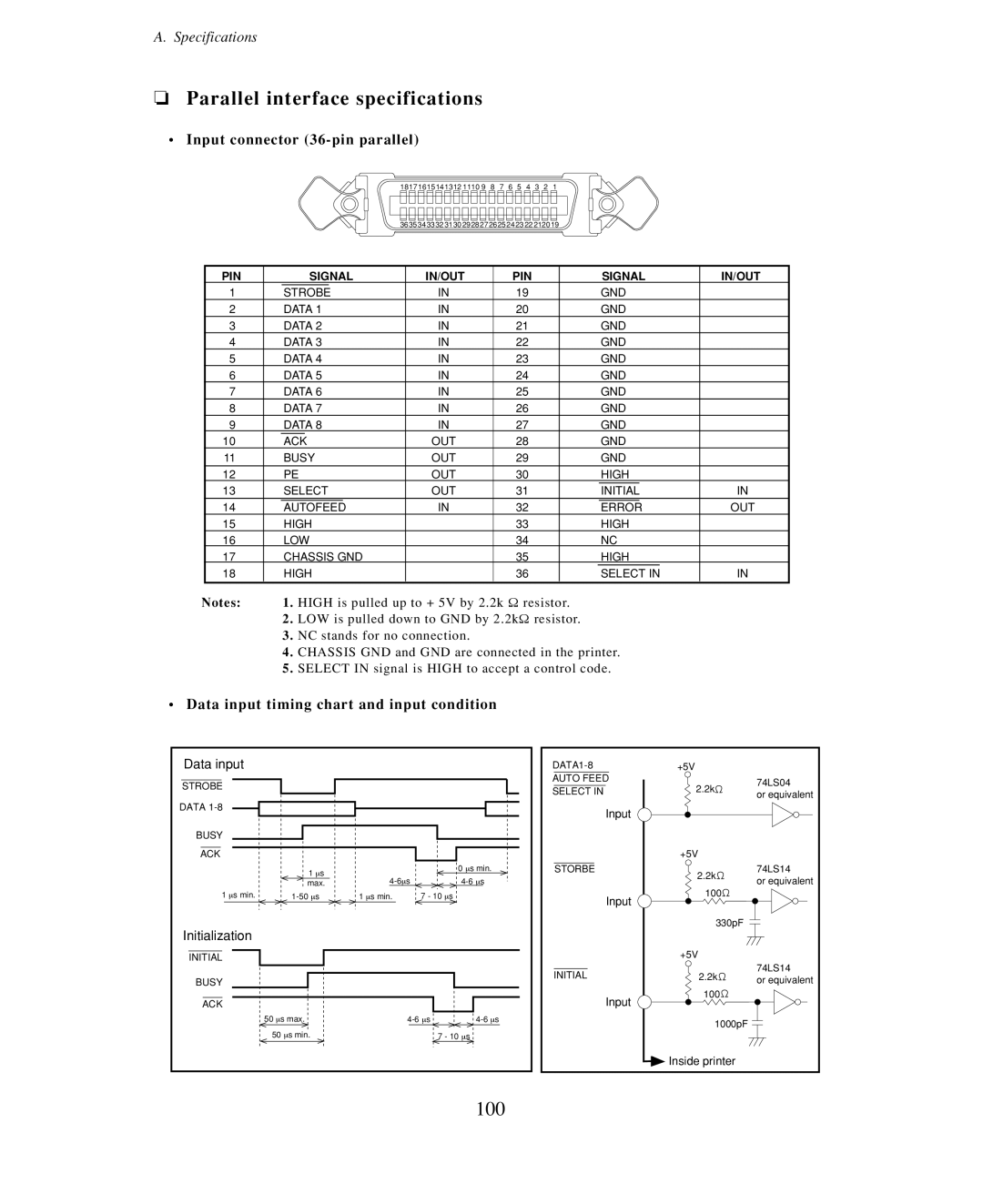 Seiko Group BP-9000 owner manual Parallel interface specifications, 100, Input connector 36-pin parallel 