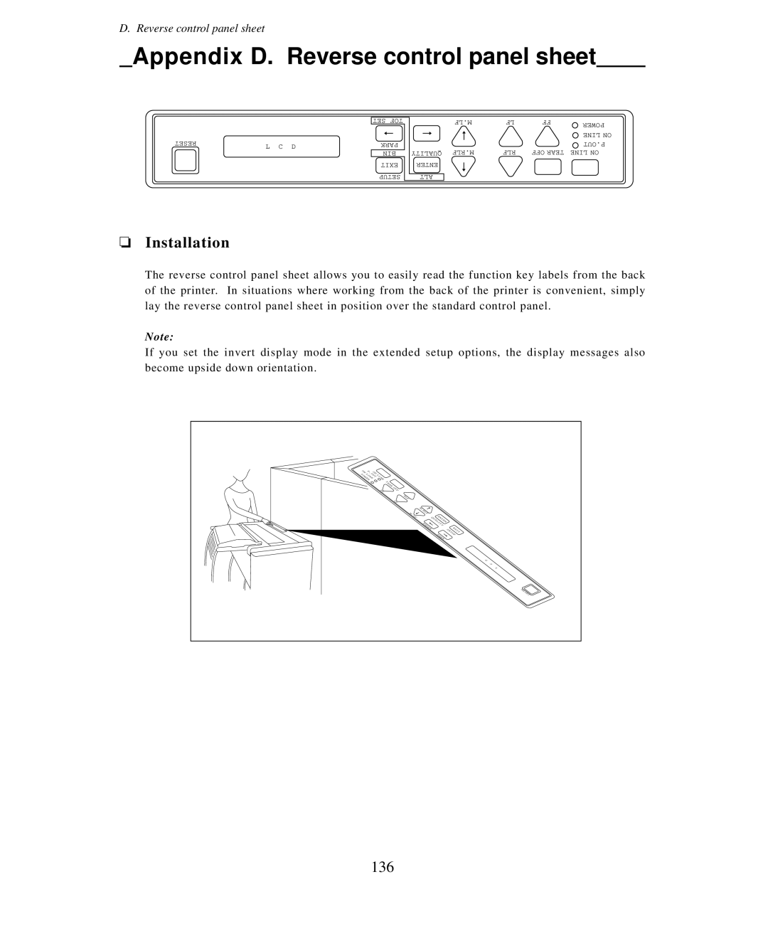 Seiko Group BP-9000 owner manual Appendix D. Reverse control panel sheet, Installation, 136 