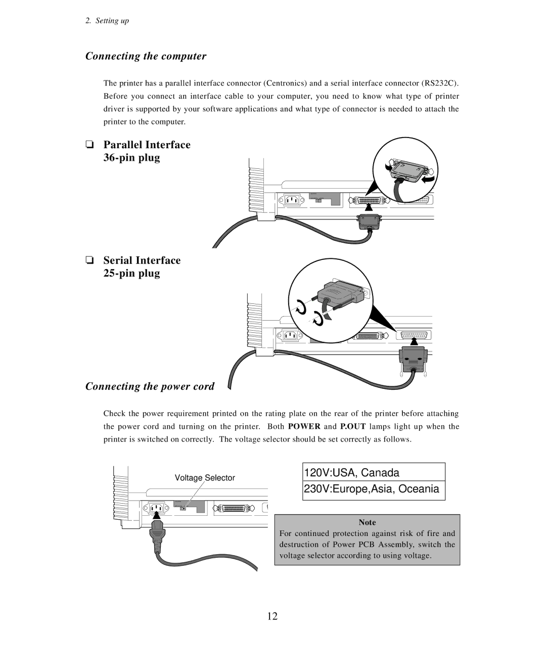 Seiko Group BP-9000 owner manual Connecting the computer, Parallel Interface 36-pin plug, Serial Interface 25-pin plug 