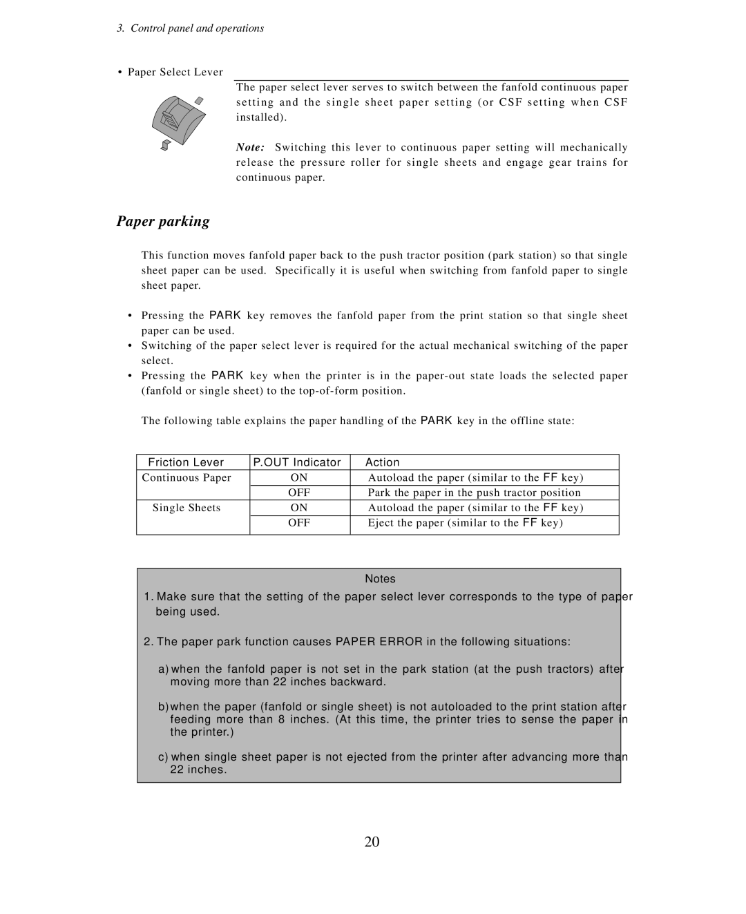 Seiko Group BP-9000 owner manual Paper parking, Friction Lever OUT Indicator Action 