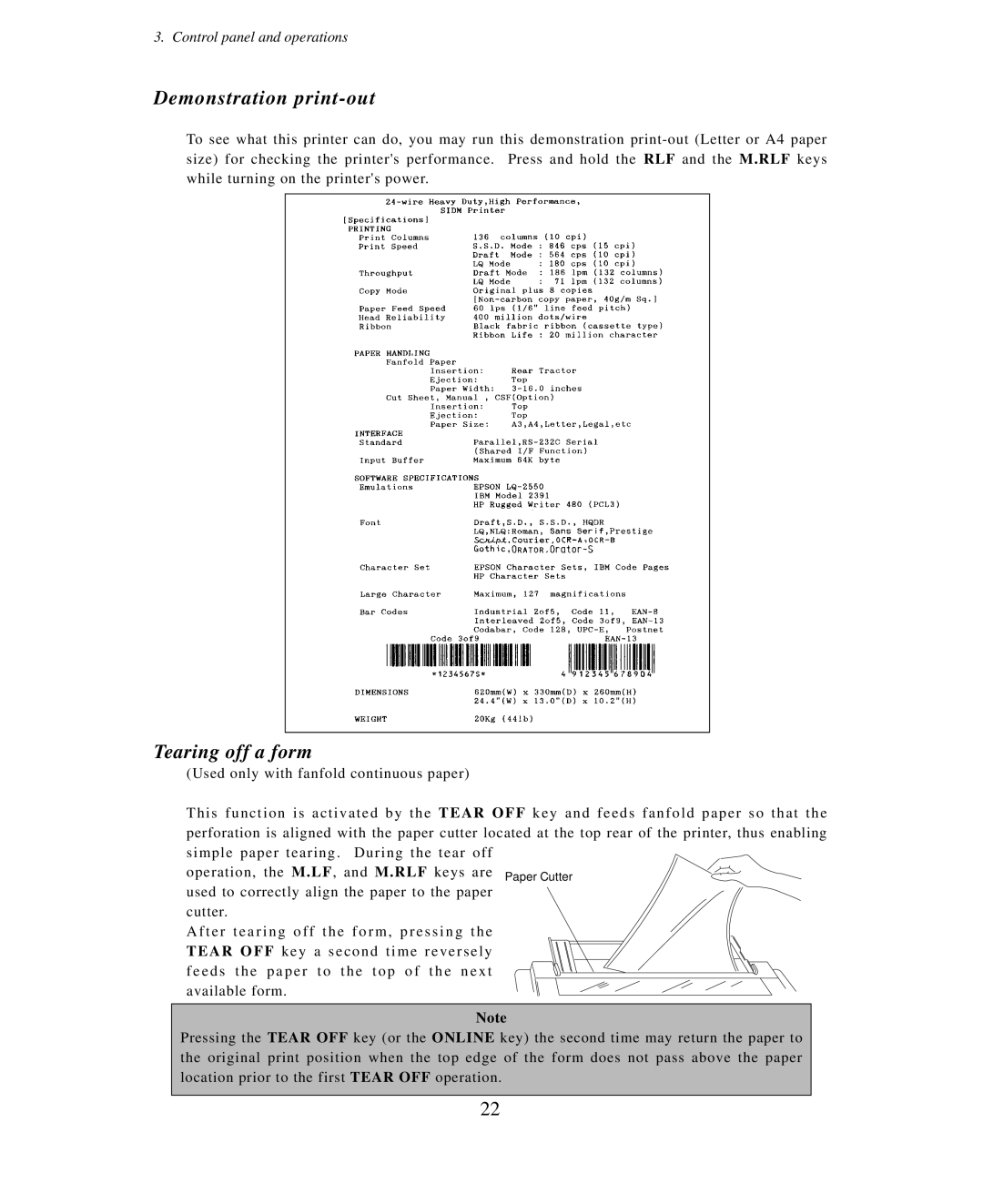 Seiko Group BP-9000 owner manual Demonstration print-out, Tearing off a form 