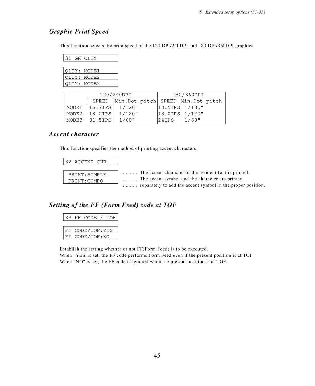 Seiko Group BP-9000 owner manual Graphic Print Speed, Accent character, Setting of the FF Form Feed code at TOF 