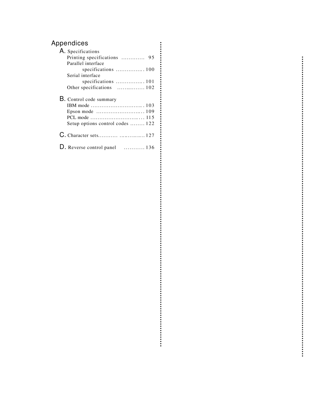 Seiko Group BP-9000 owner manual Appendices, Other specifications Control code summary 