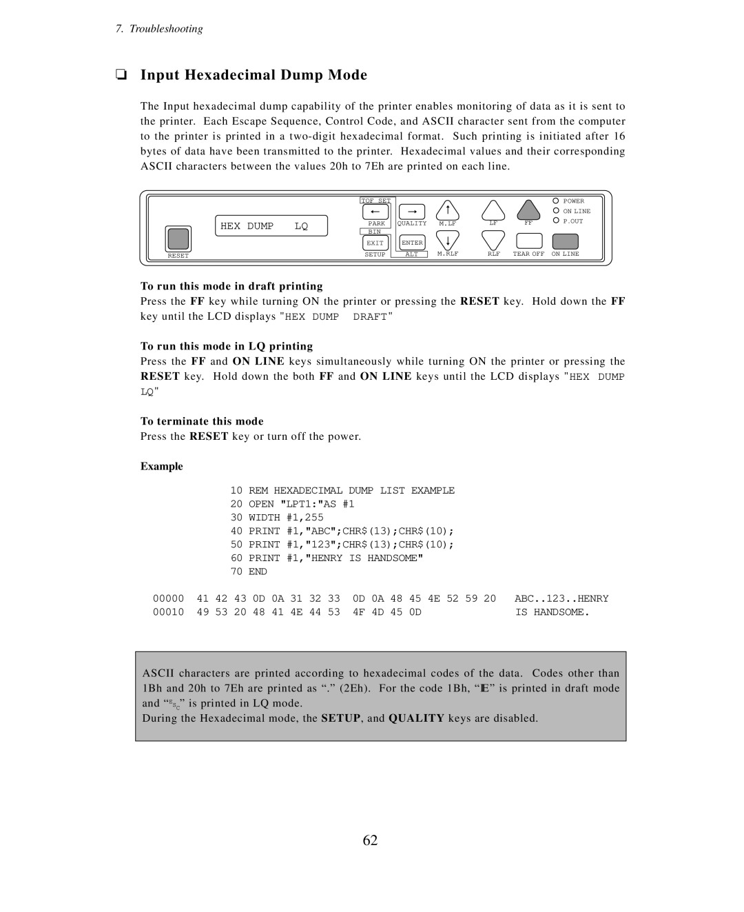 Seiko Group BP-9000 Input Hexadecimal Dump Mode, To run this mode in draft printing, To run this mode in LQ printing 