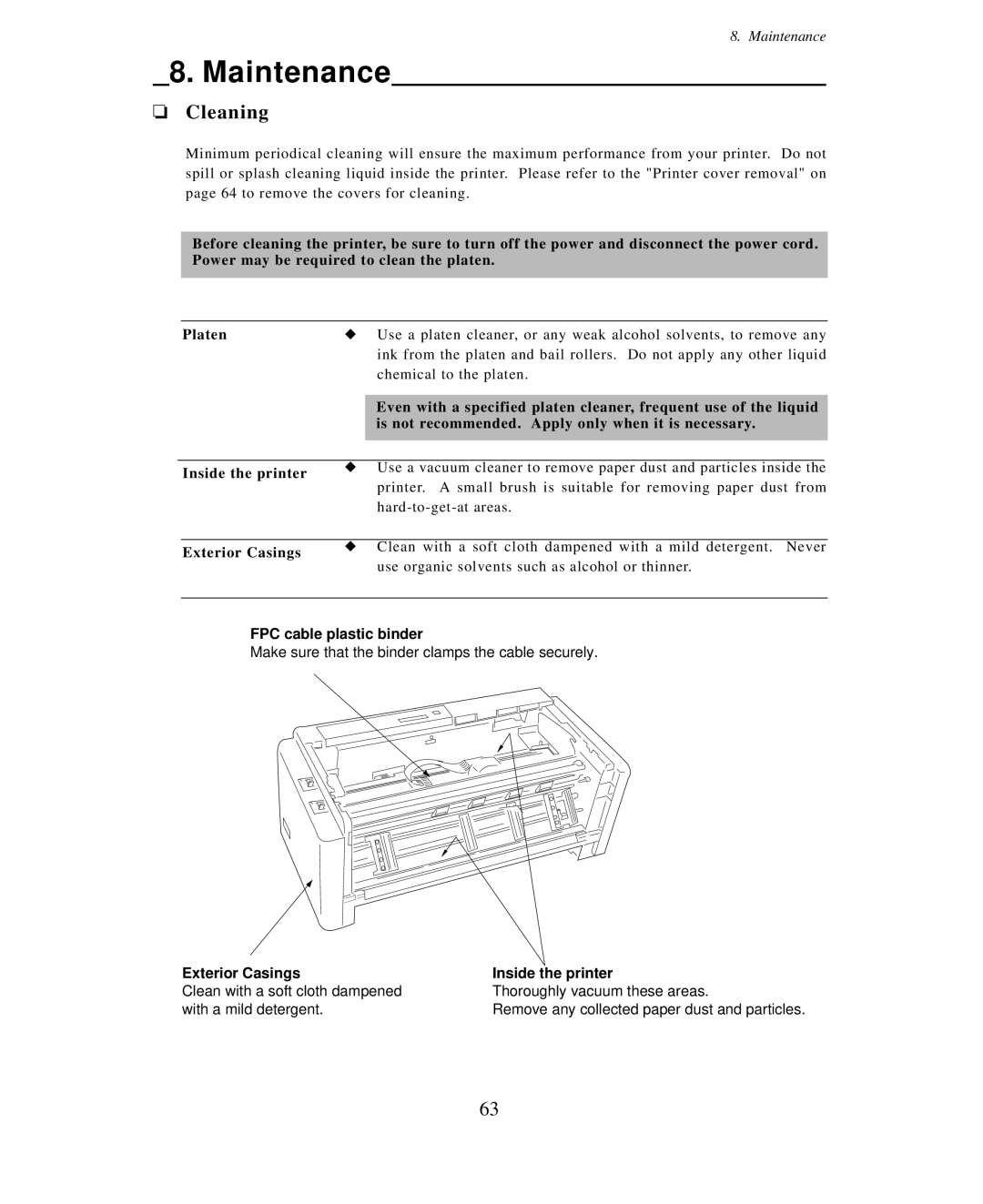 Seiko Group BP-9000 Maintenance, Cleaning, Is not recommended. Apply only when it is necessary, Inside the printer 