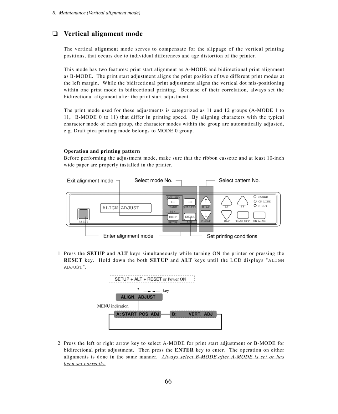 Seiko Group BP-9000 owner manual Vertical alignment mode, Operation and printing pattern 