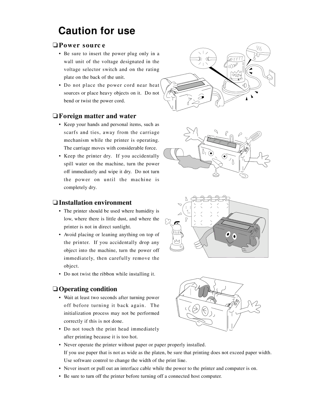 Seiko Group BP-9000 owner manual Power sourc e, Foreign matter and water, Installation environment, Operating condition 