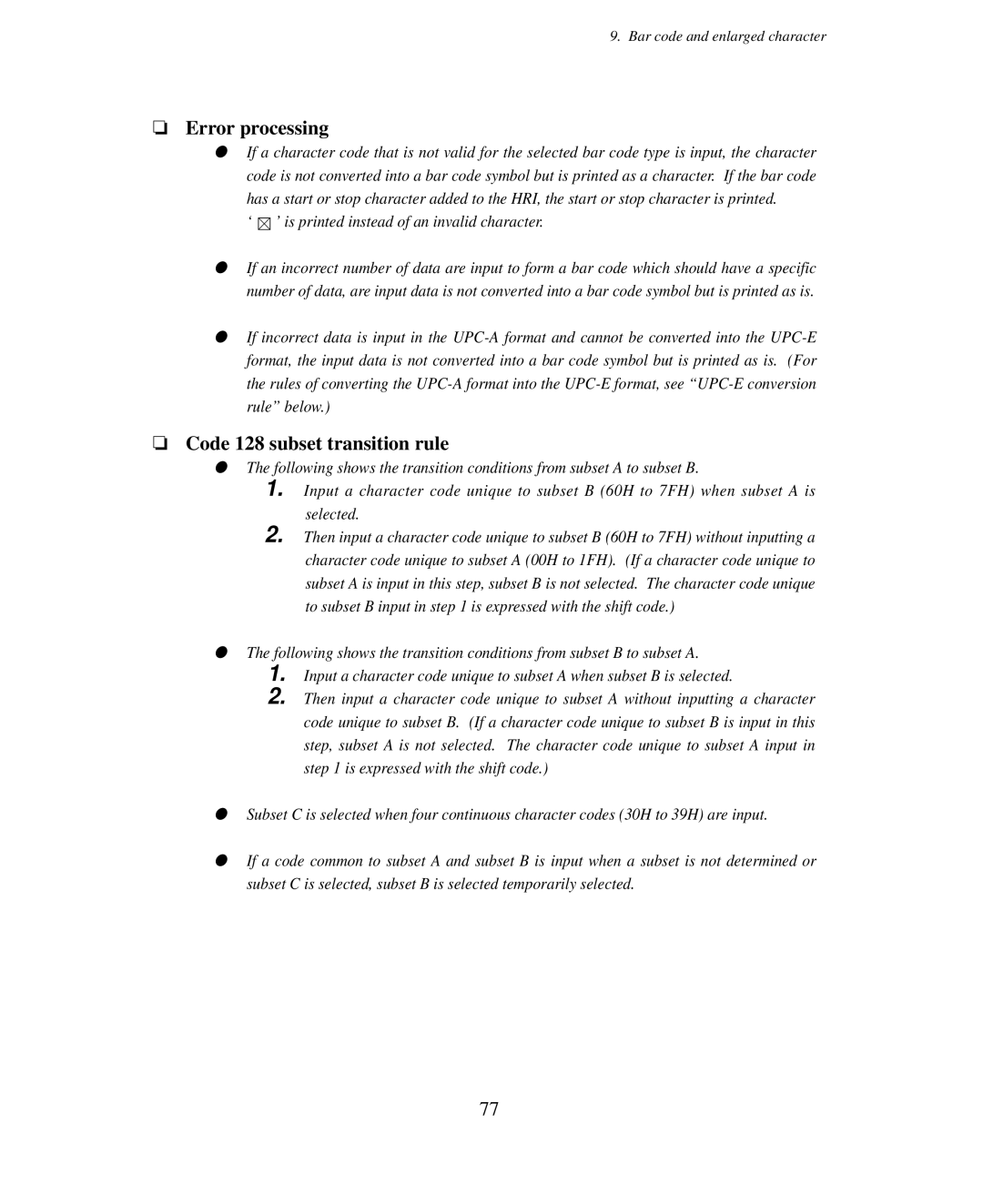 Seiko Group BP-9000 owner manual Error processing, Code 128 subset transition rule 