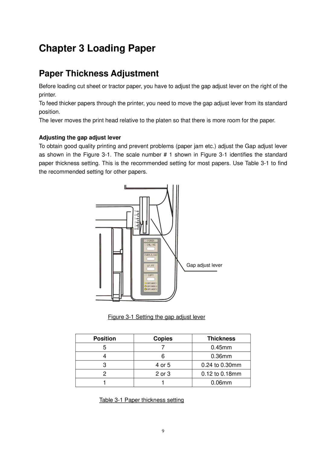 Seiko Group FB 380 Loading Paper, Paper Thickness Adjustment, Adjusting the gap adjust lever, Position Copies Thickness 