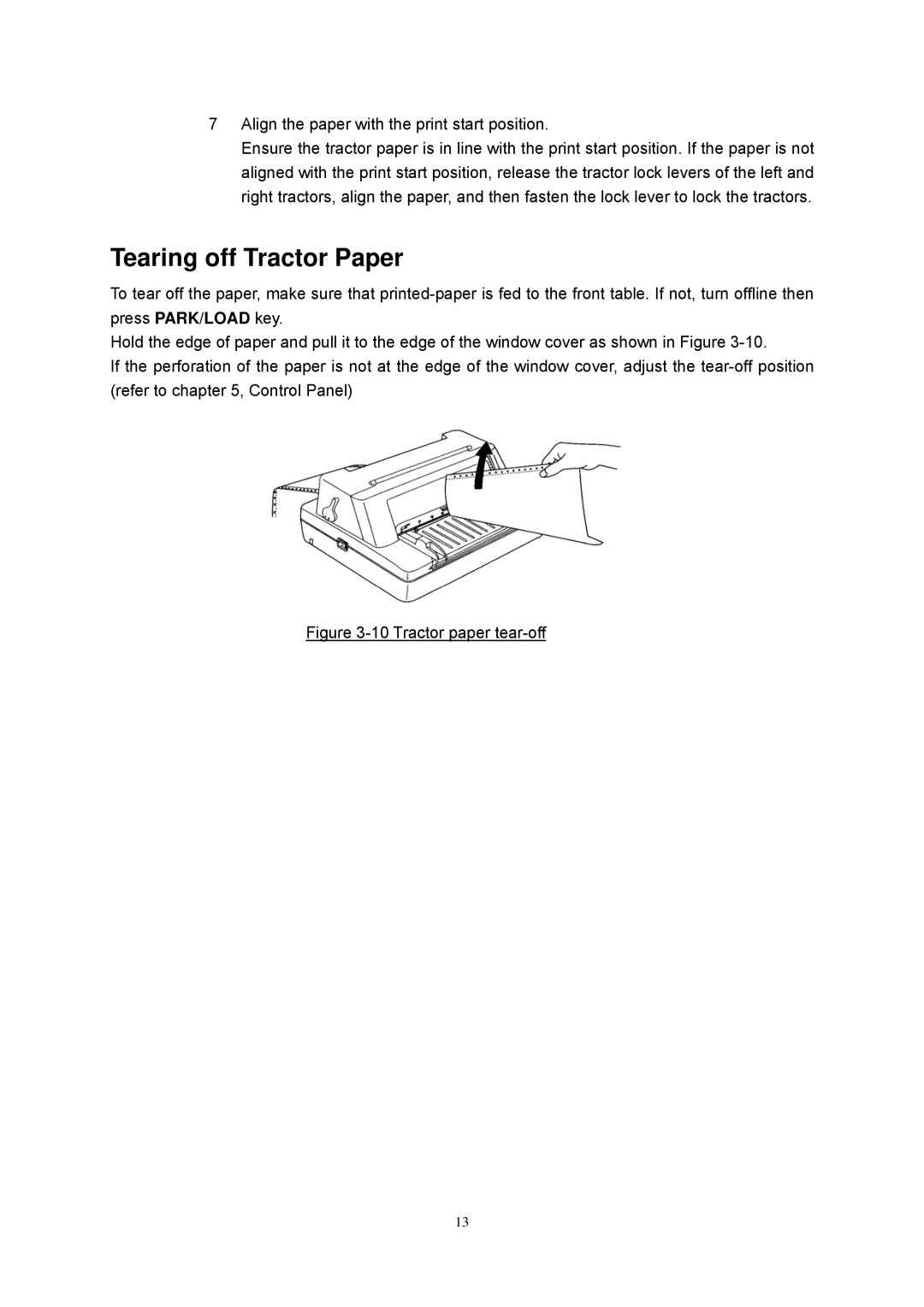 Seiko Group FB 380 user manual Tearing off Tractor Paper, Align the paper with the print start position 