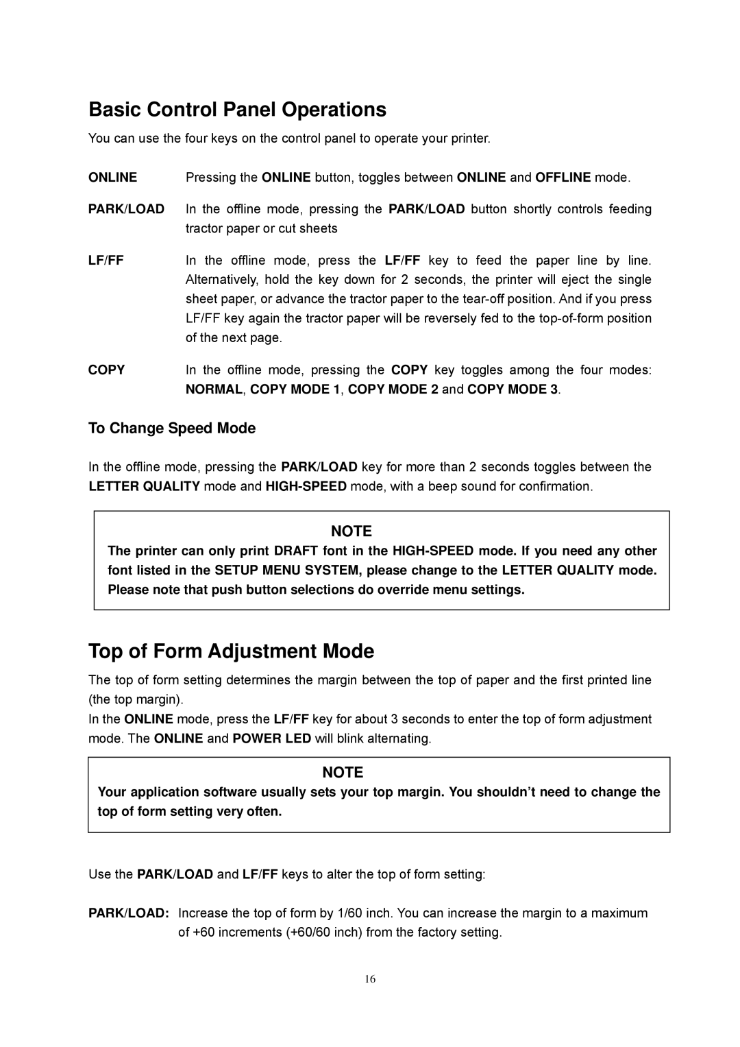 Seiko Group FB 380 user manual Basic Control Panel Operations, Top of Form Adjustment Mode 