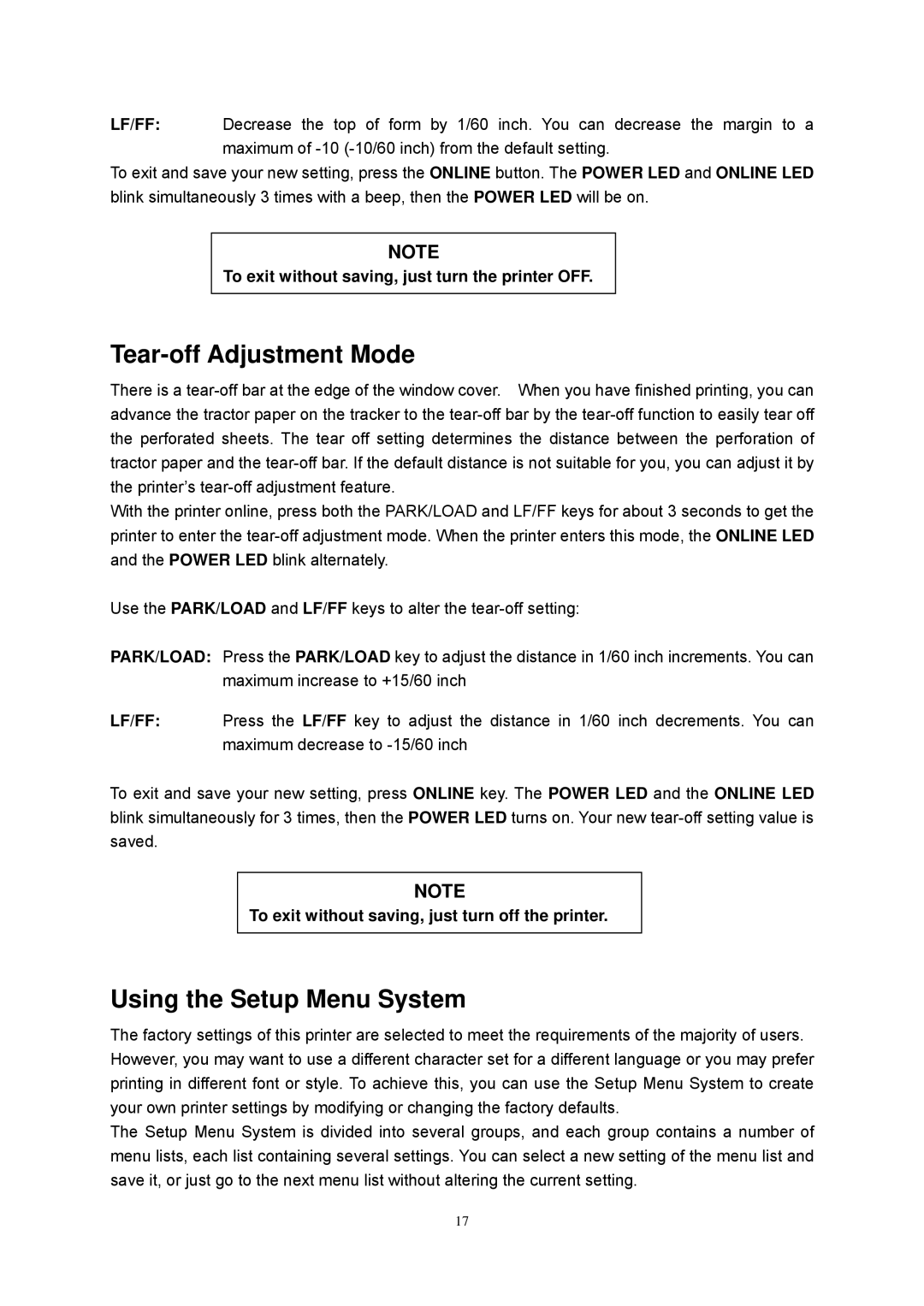 Seiko Group FB 380 user manual Tear-off Adjustment Mode, Using the Setup Menu System 