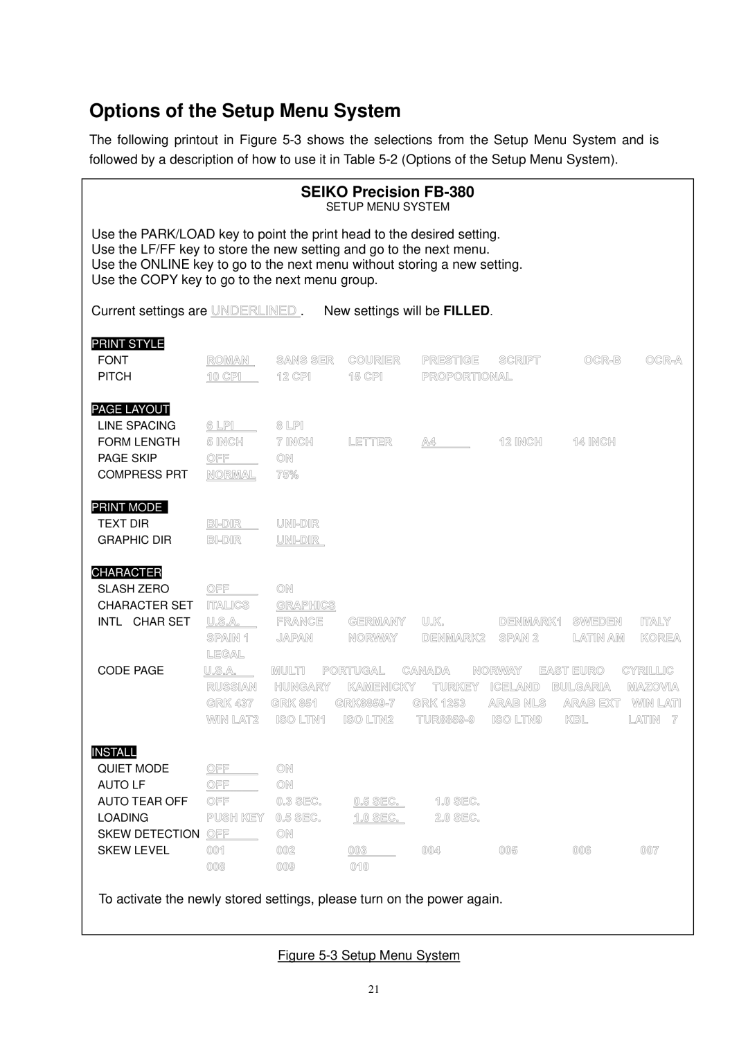 Seiko Group FB 380 user manual Options of the Setup Menu System 