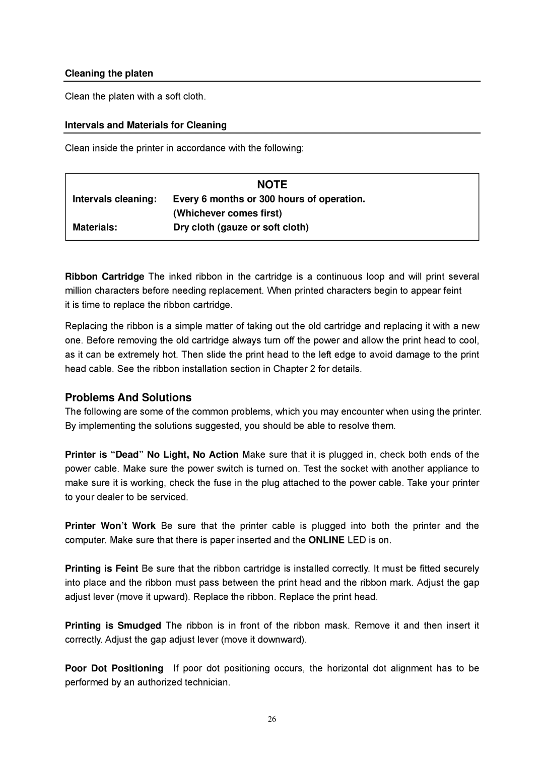 Seiko Group FB 380 user manual Cleaning the platen, Intervals and Materials for Cleaning 