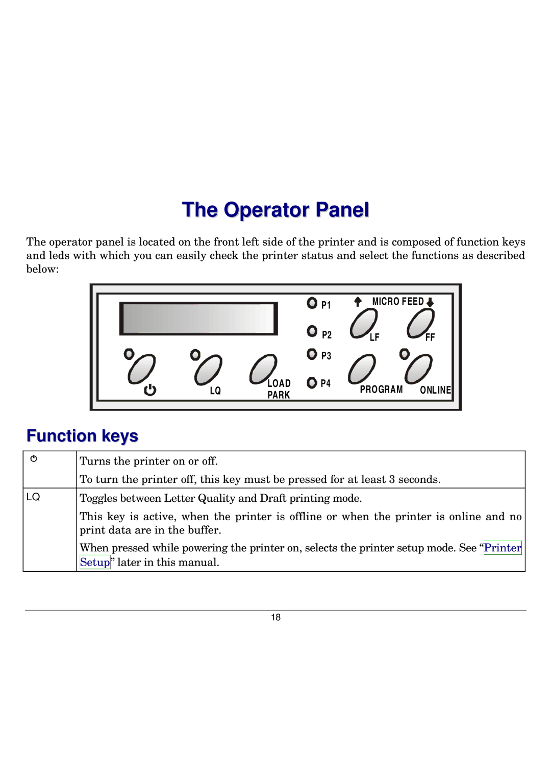 Seiko Group FB300 manual Operator Panel, Function keys 