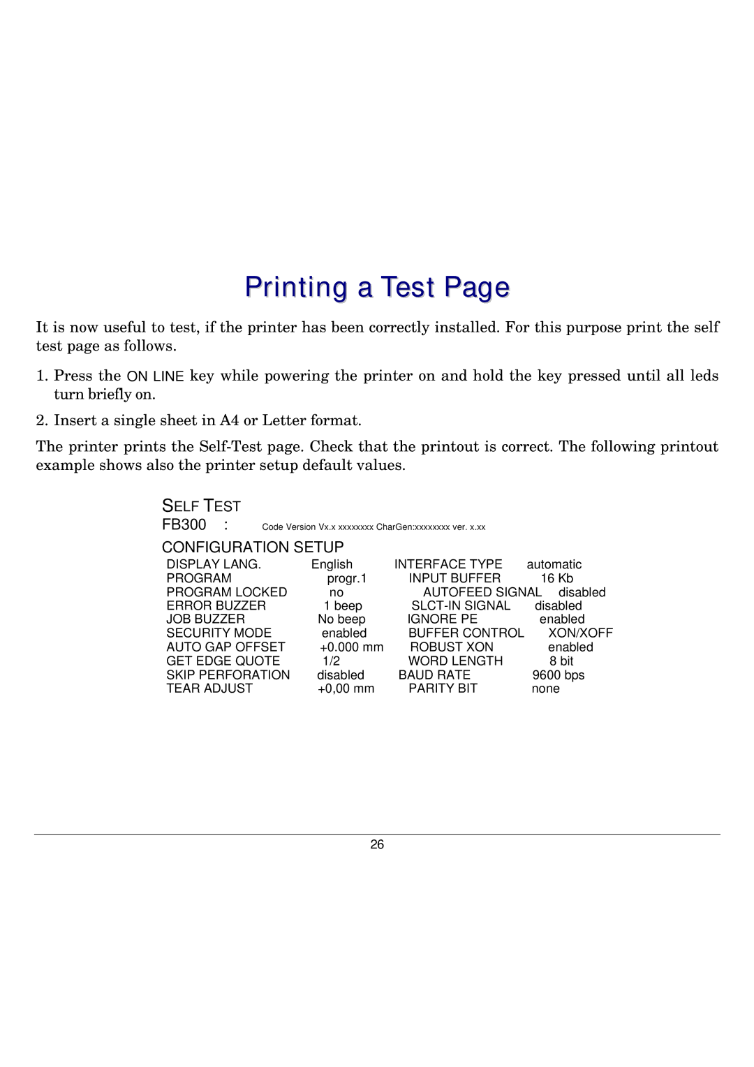 Seiko Group FB300 manual Printing a Test, Configuration Setup 