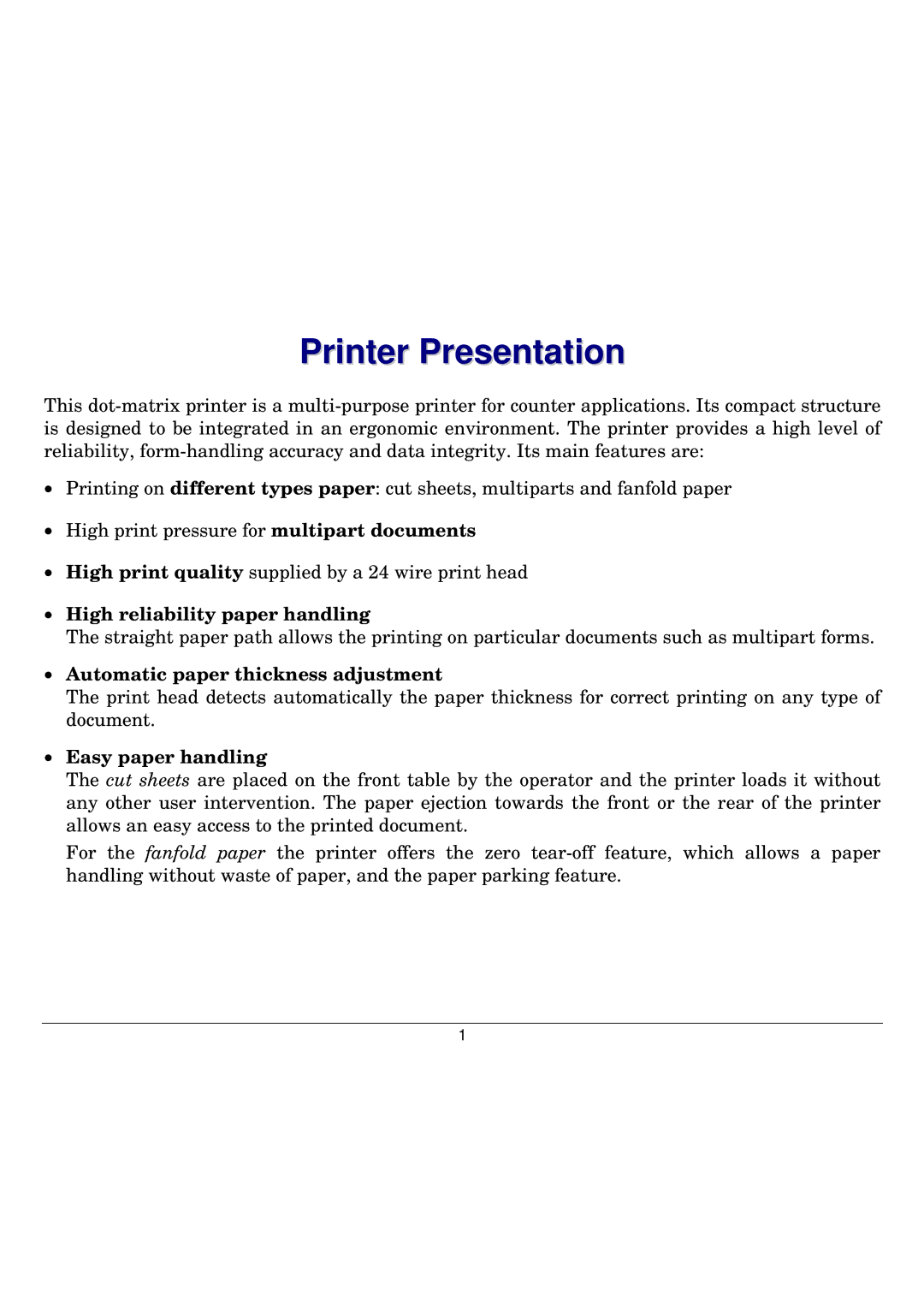 Seiko Group FB300 manual Printer Presentation, Automatic paper thickness adjustment 