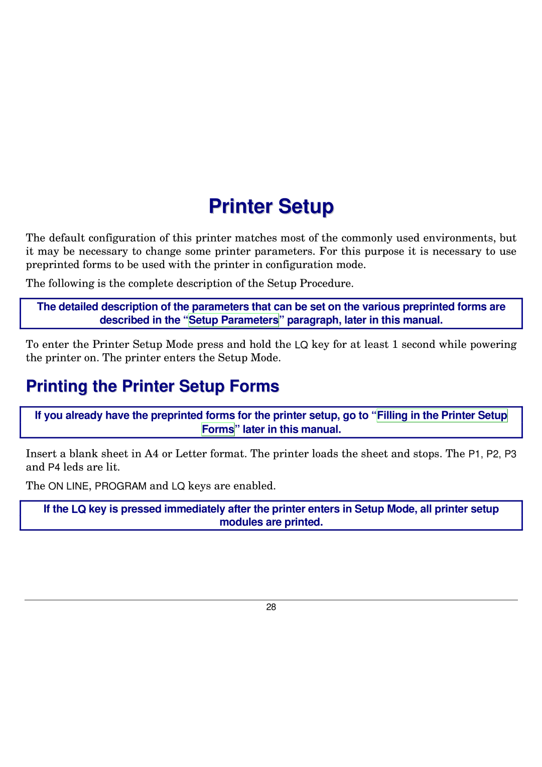 Seiko Group FB300 manual Printing the Printer Setup Forms 