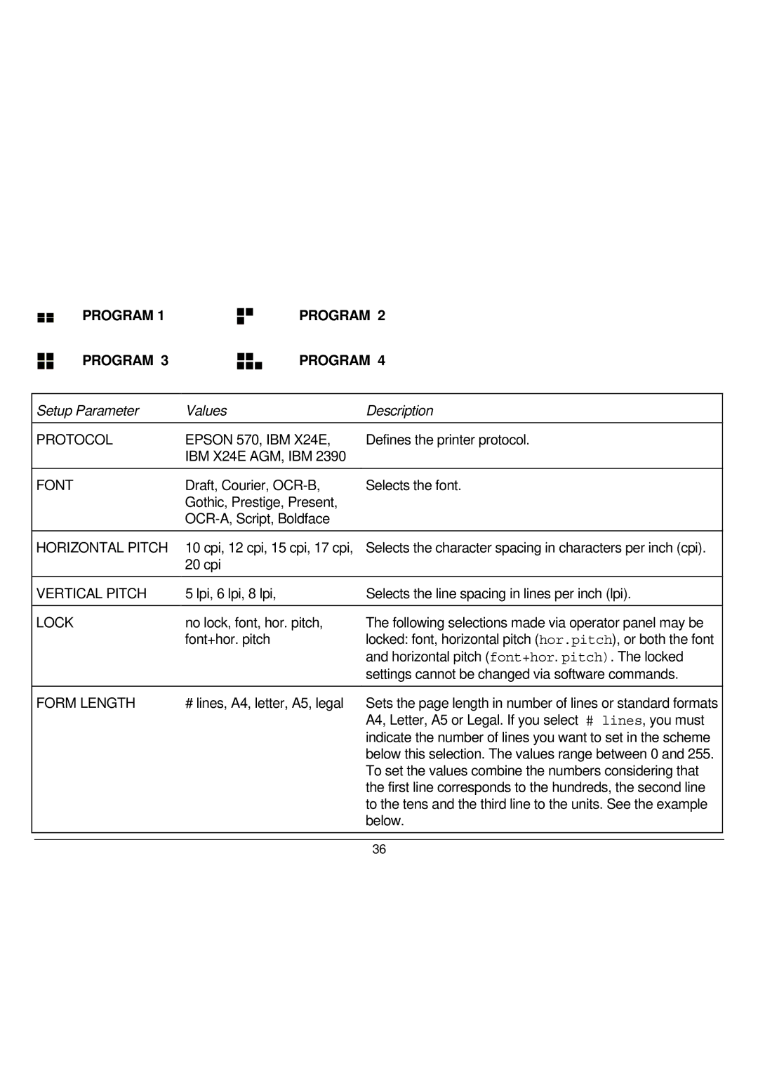 Seiko Group FB300 manual Protocol, Font, Horizontal Pitch, Vertical Pitch, Lock, Form Length 