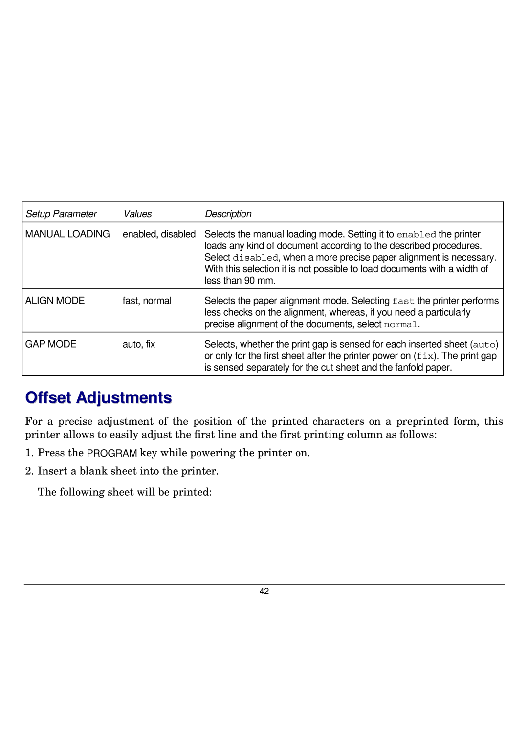 Seiko Group FB300 manual Offset Adjustments, Manual Loading, Align Mode, GAP Mode 