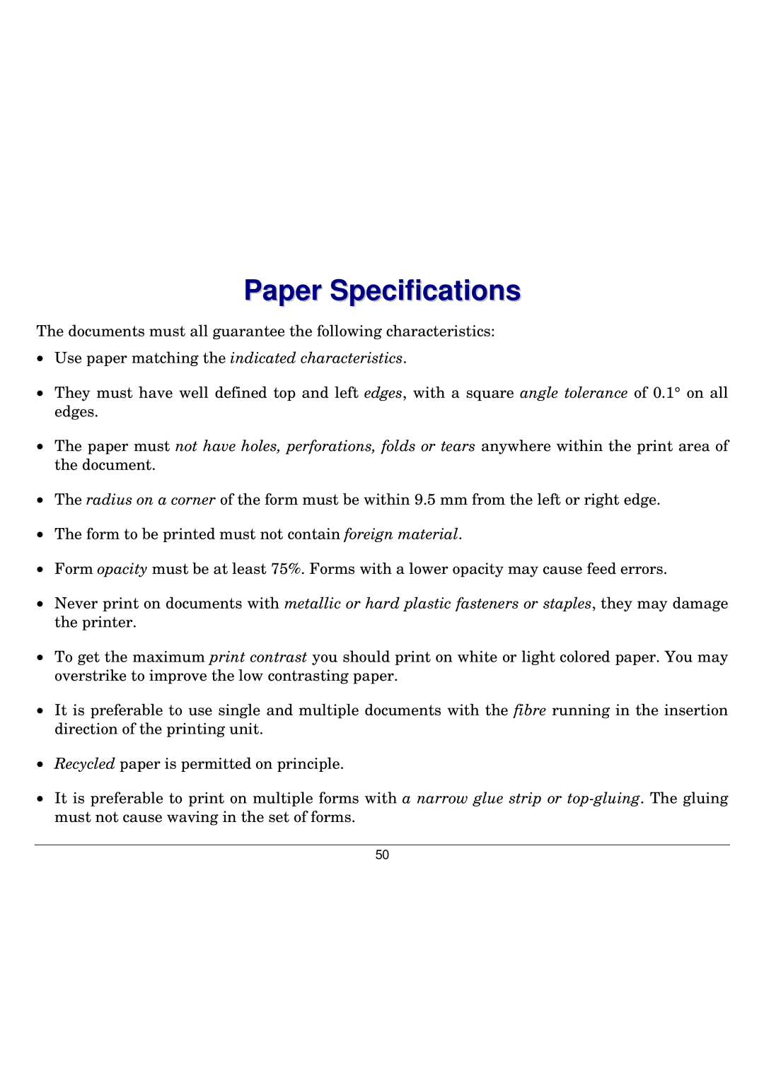 Seiko Group FB300 manual Paper Specifications, Use paper matching the indicated characteristics 