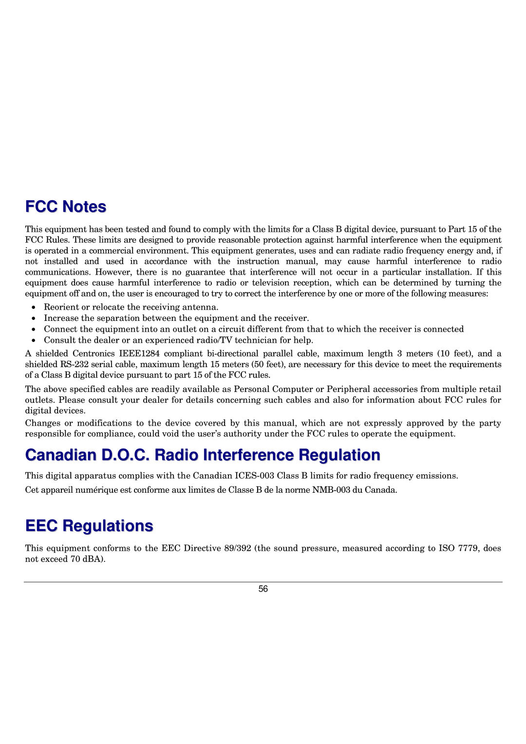 Seiko Group FB300 manual FCC Notes, Canadian D.O.C. Radio Interference Regulation, EEC Regulations 