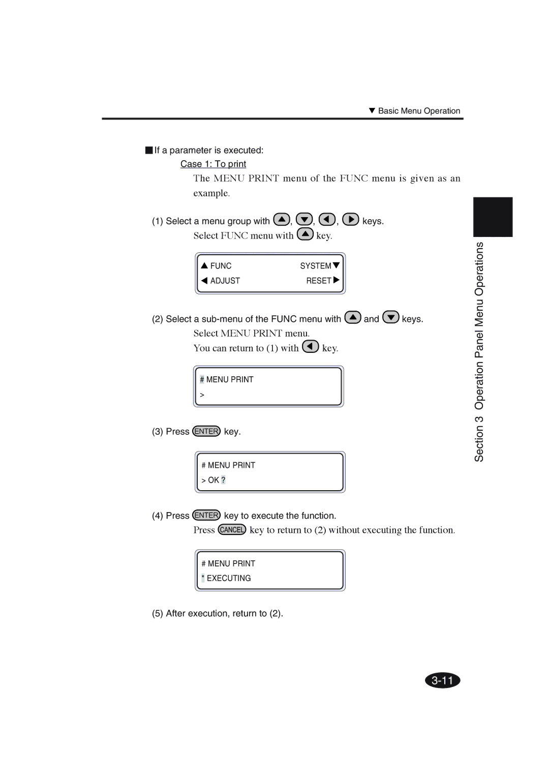 Seiko Group IP-6600 manual Menu Print menu of the Func menu is given as an example, Select Func menu with key 