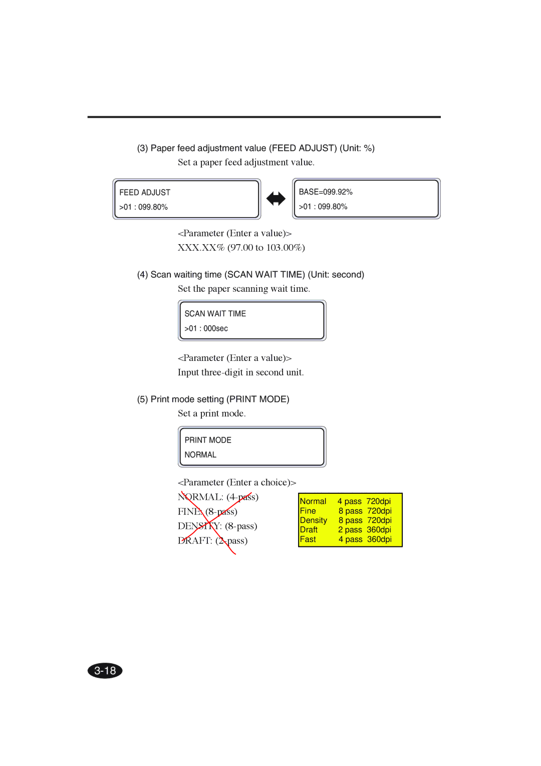 Seiko Group IP-6600 Set a paper feed adjustment value, Parameter Enter a value XXX.XX% 97.00 to 103.00%, Set a print mode 