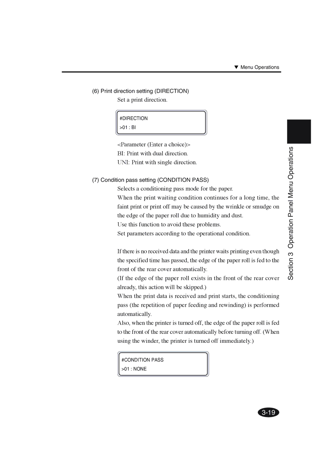 Seiko Group IP-6600 manual Set a print direction, Print direction setting Direction, Condition pass setting Condition Pass 