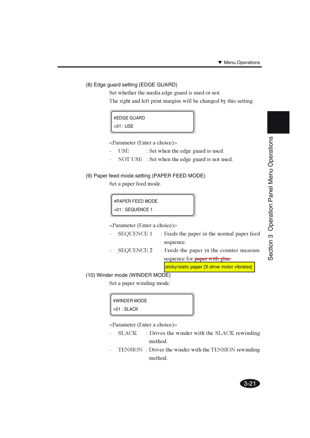 Seiko Group IP-6600 manual Parameter Enter a choice, Not USE Set when the edge guard is not used, Set a paper feed mode 