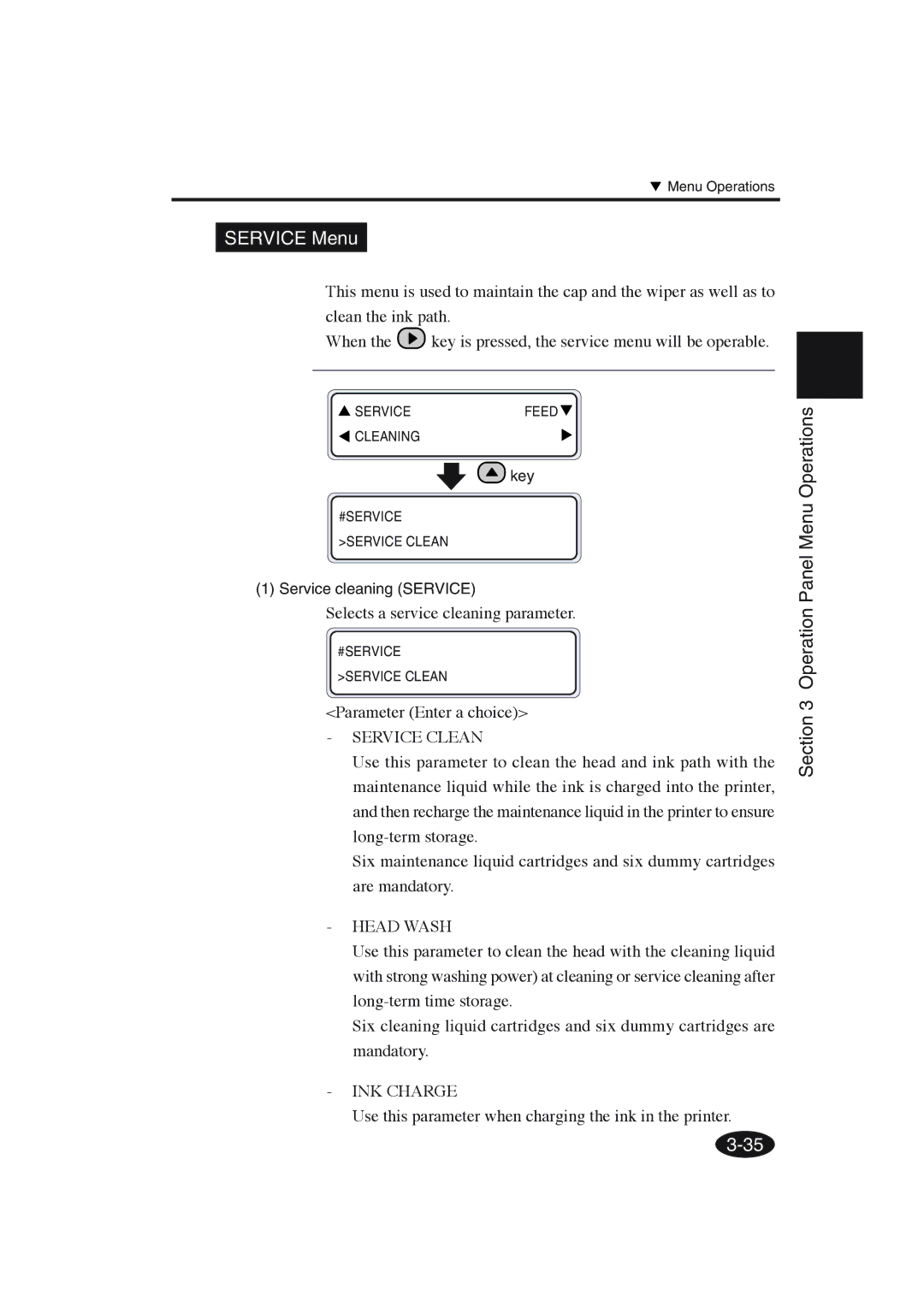 Seiko Group IP-6600 manual Service Menu, Selects a service cleaning parameter, Service cleaning Service 