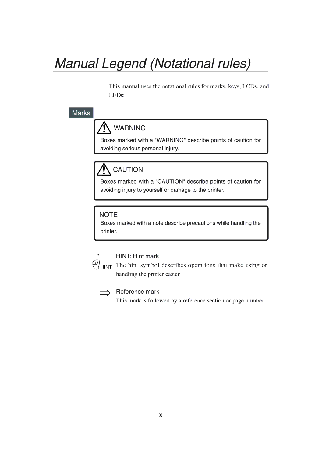 Seiko Group IP-6600 Manual Legend Notational rules, Marks, This mark is followed by a reference section or page number 