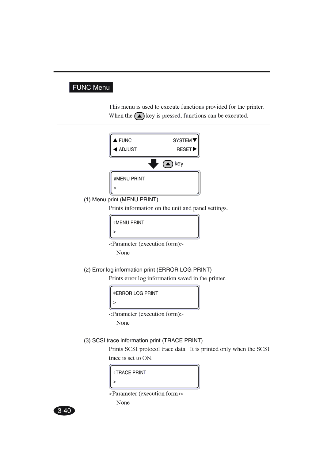 Seiko Group IP-6600 manual Func Menu, Prints information on the unit and panel settings 