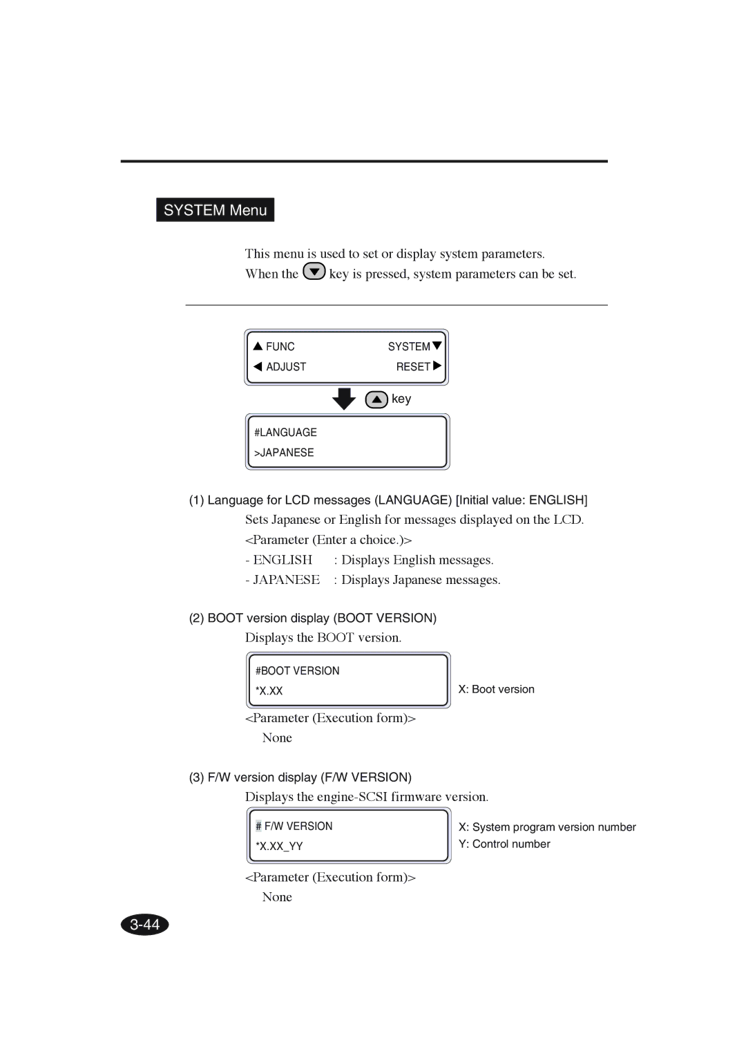 Seiko Group IP-6600 manual System Menu, Displays English messages, Displays the Boot version 