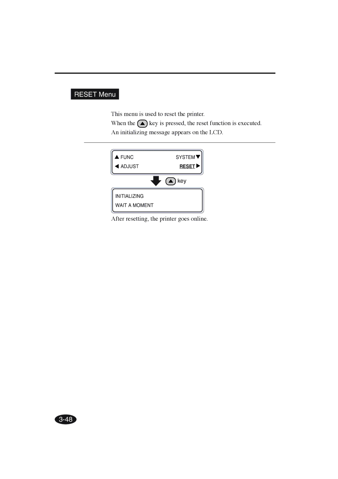 Seiko Group IP-6600 manual Reset Menu, After resetting, the printer goes online 