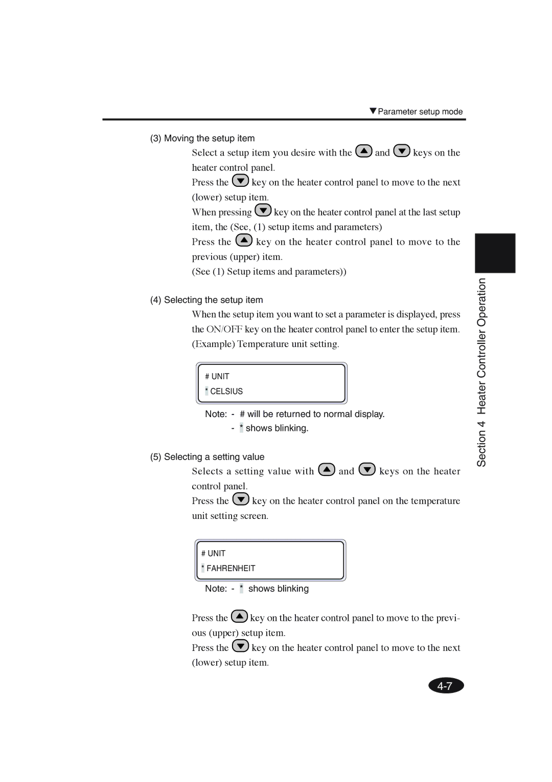 Seiko Group IP-6600 manual Moving the setup item, Selecting the setup item, Shows blinking Selecting a setting value 