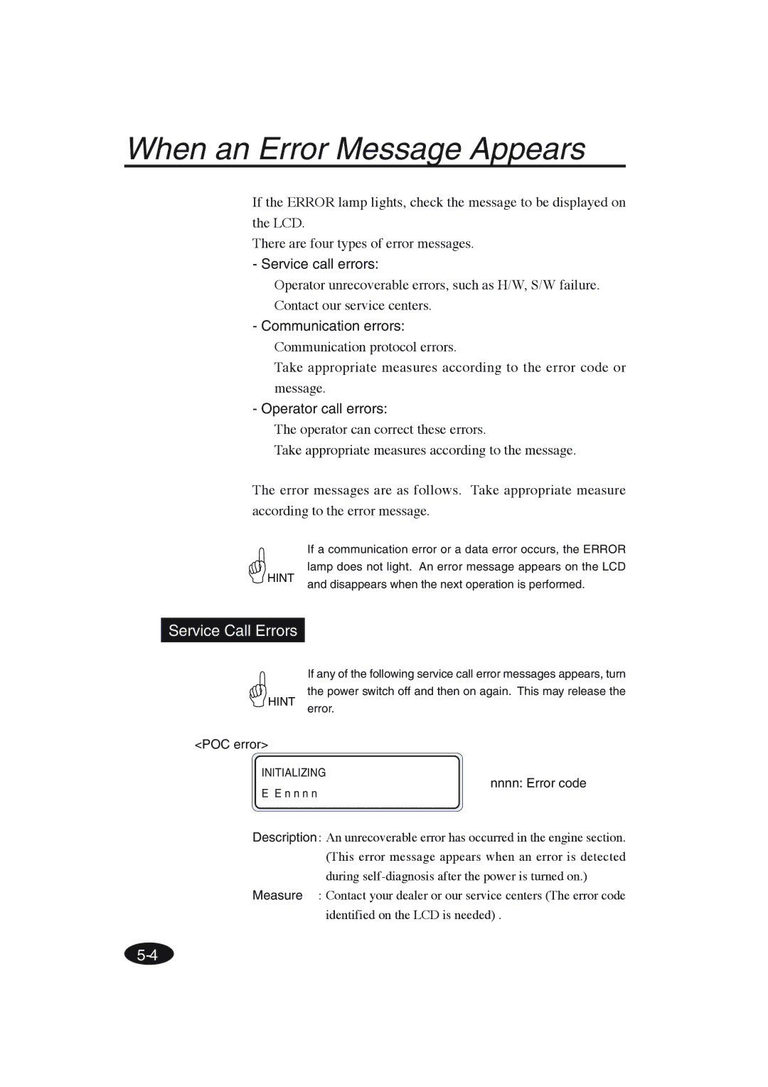 Seiko Group IP-6600 manual When an Error Message Appears, Service Call Errors, POC error, Nnnn Error code 