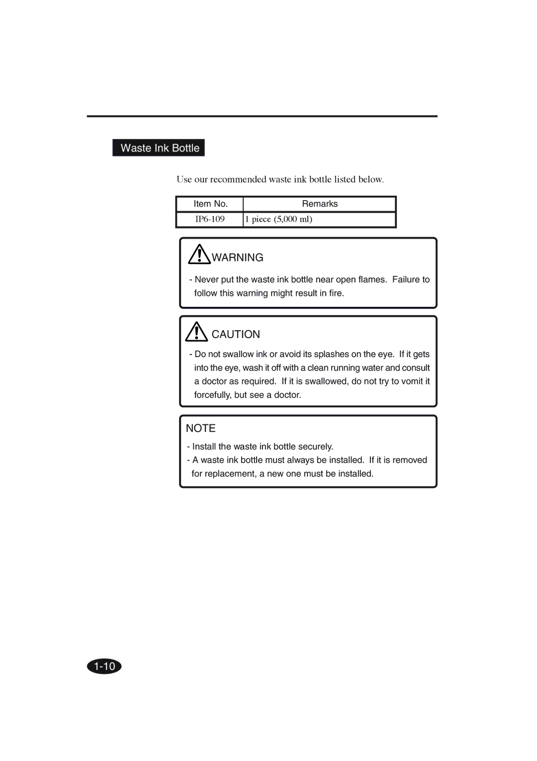 Seiko Group IP-6600 manual Waste Ink Bottle, Use our recommended waste ink bottle listed below, Item No Remarks 