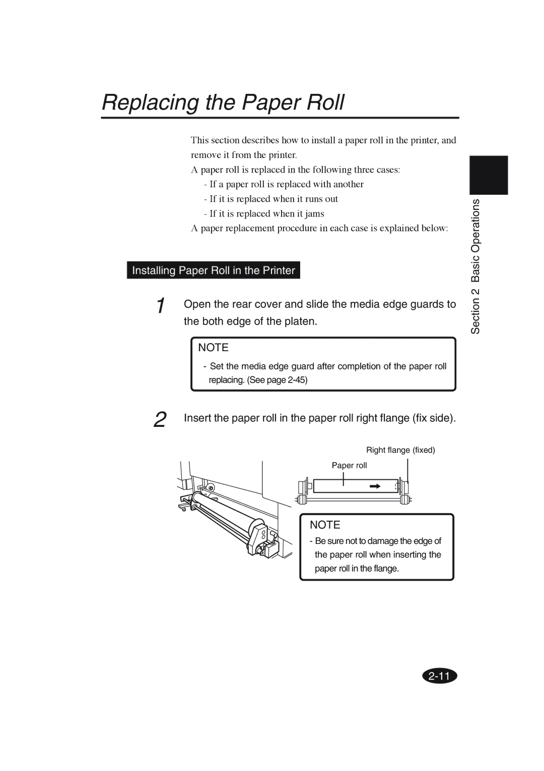 Seiko Group IP-6600 manual Replacing the Paper Roll, Installing Paper Roll in the Printer, Both edge of the platen 