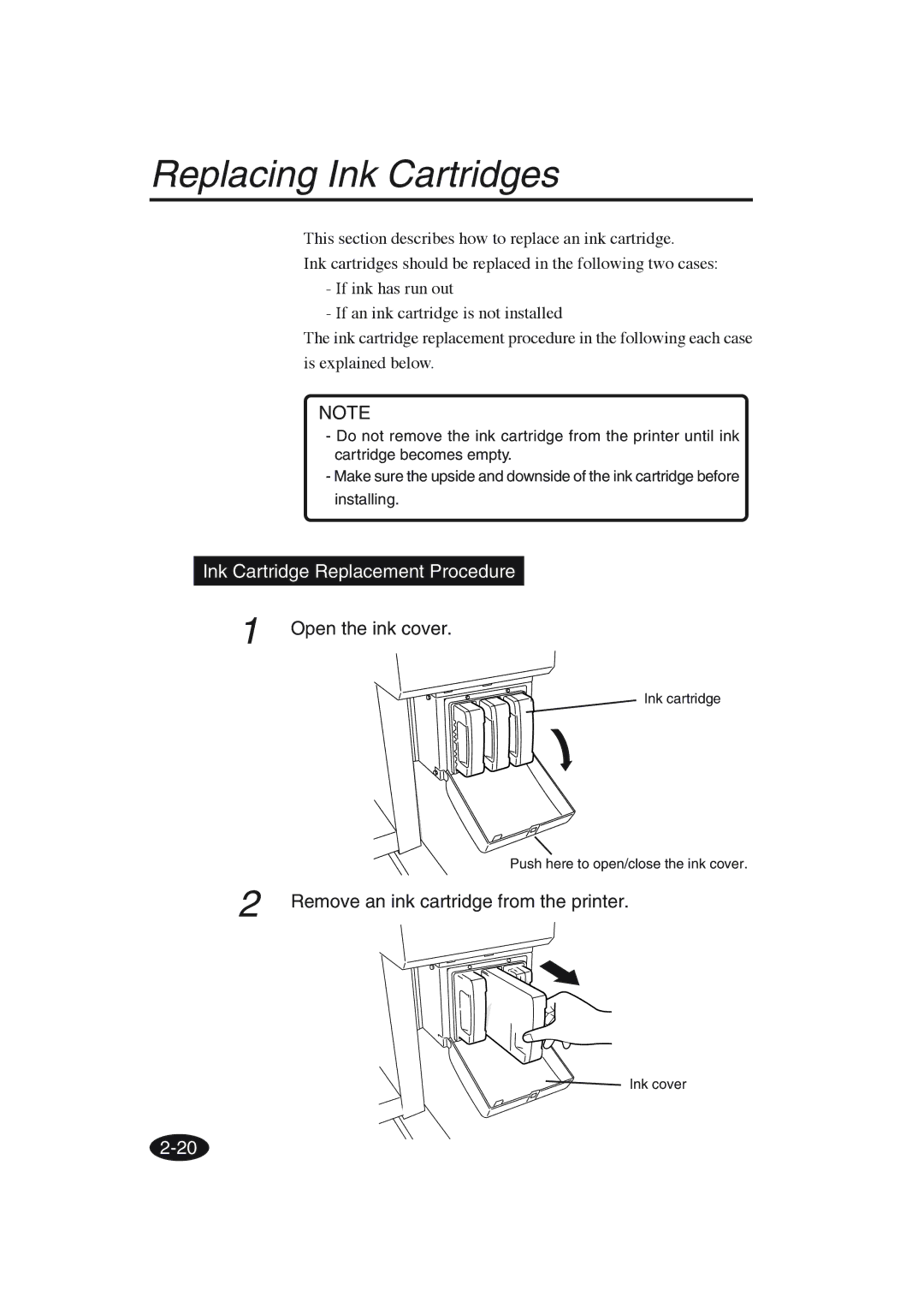 Seiko Group IP-6600 manual Replacing Ink Cartridges, Ink Cartridge Replacement Procedure, Open the ink cover 