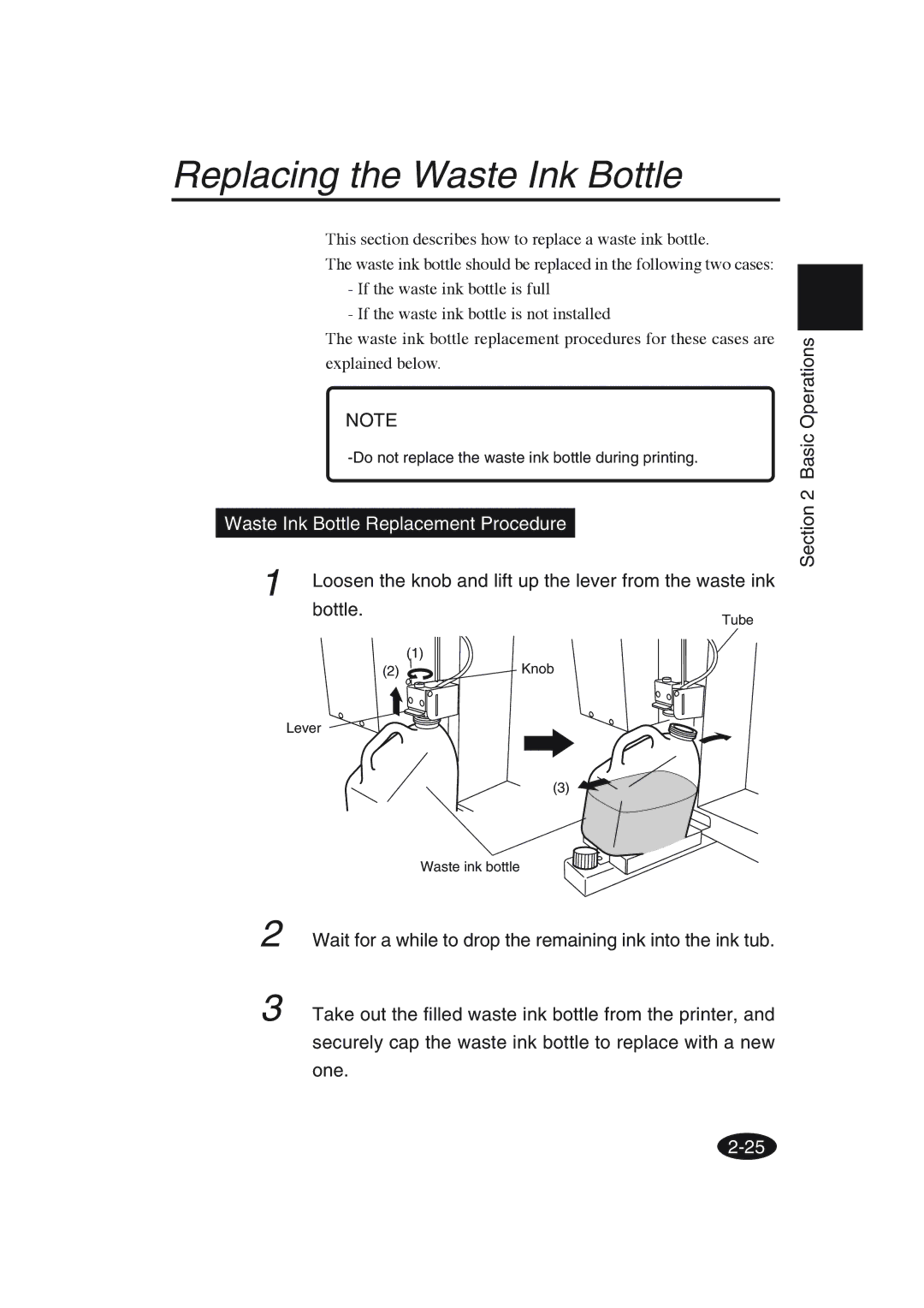 Seiko Group IP-6600 manual Replacing the Waste Ink Bottle, Waste Ink Bottle Replacement Procedure 