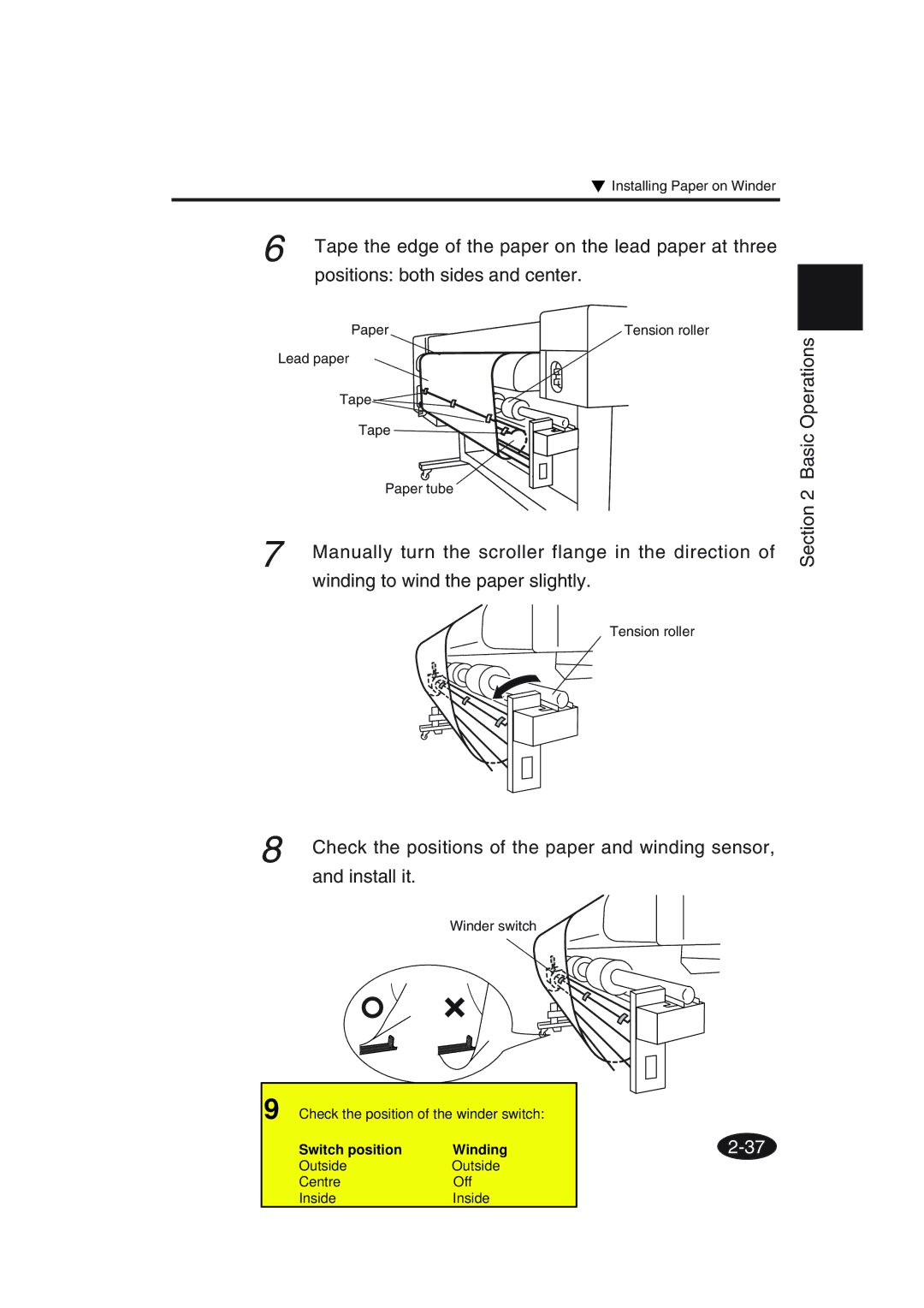 Seiko Group IP-6600 manual Tape the edge of the paper on the lead paper at three, Positions both sides and center 