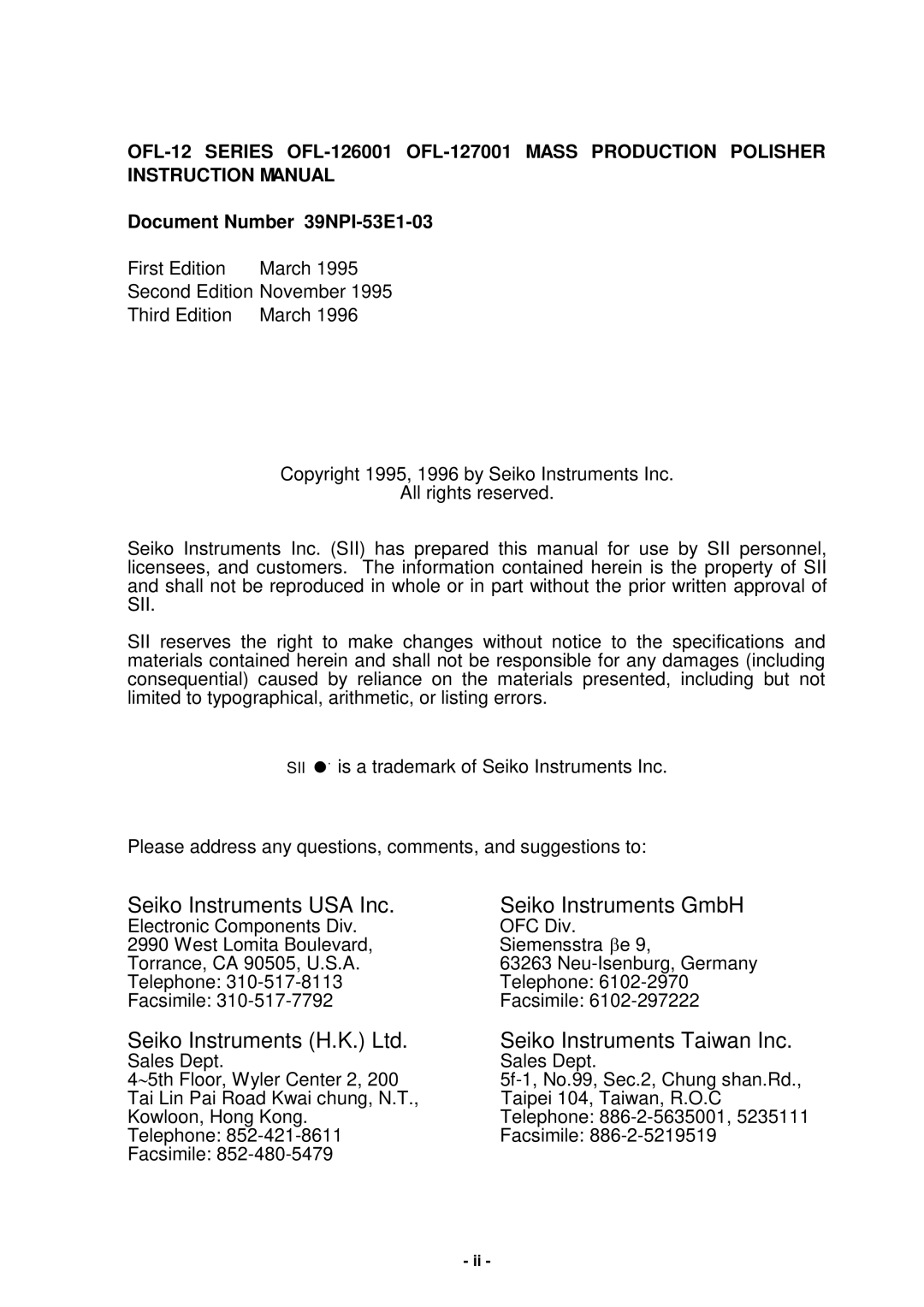 Seiko Group OFL-127001, OFL-126001 Seiko Instruments USA Inc Seiko Instruments GmbH, Document Number 39NPI-53E1-03 