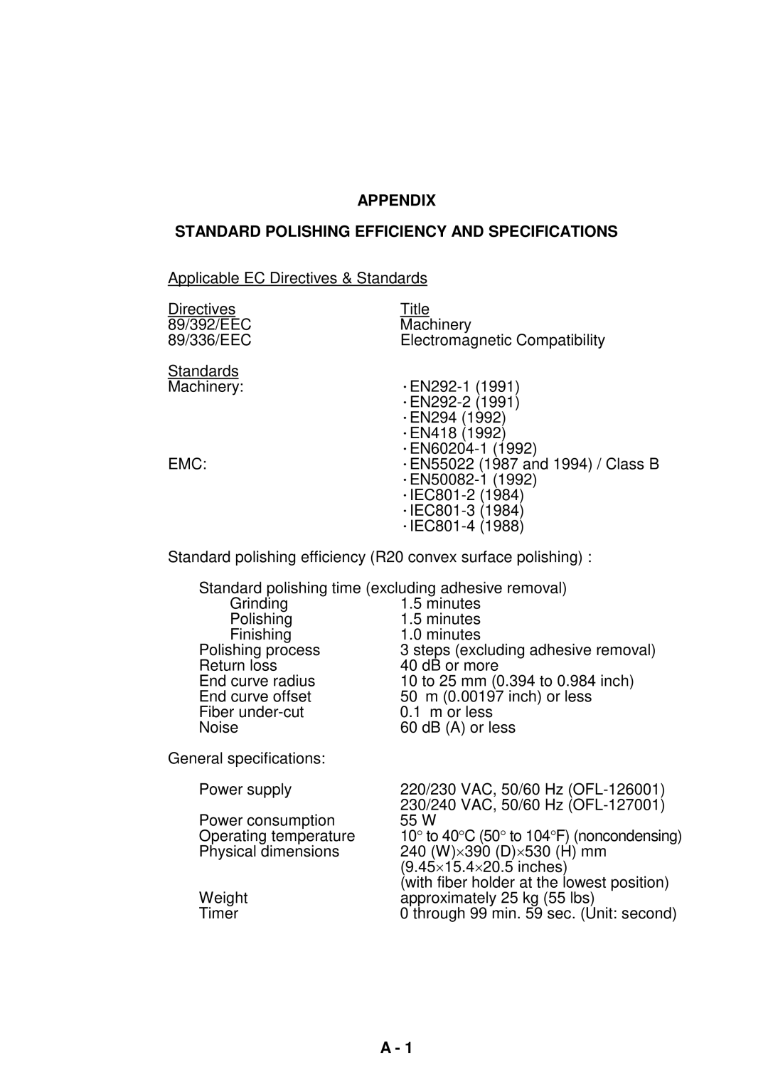 Seiko Group OFL-127001, OFL-126001, OFL-12 SERIES Appendix Standard Polishing Efficiency and Specifications, Emc 