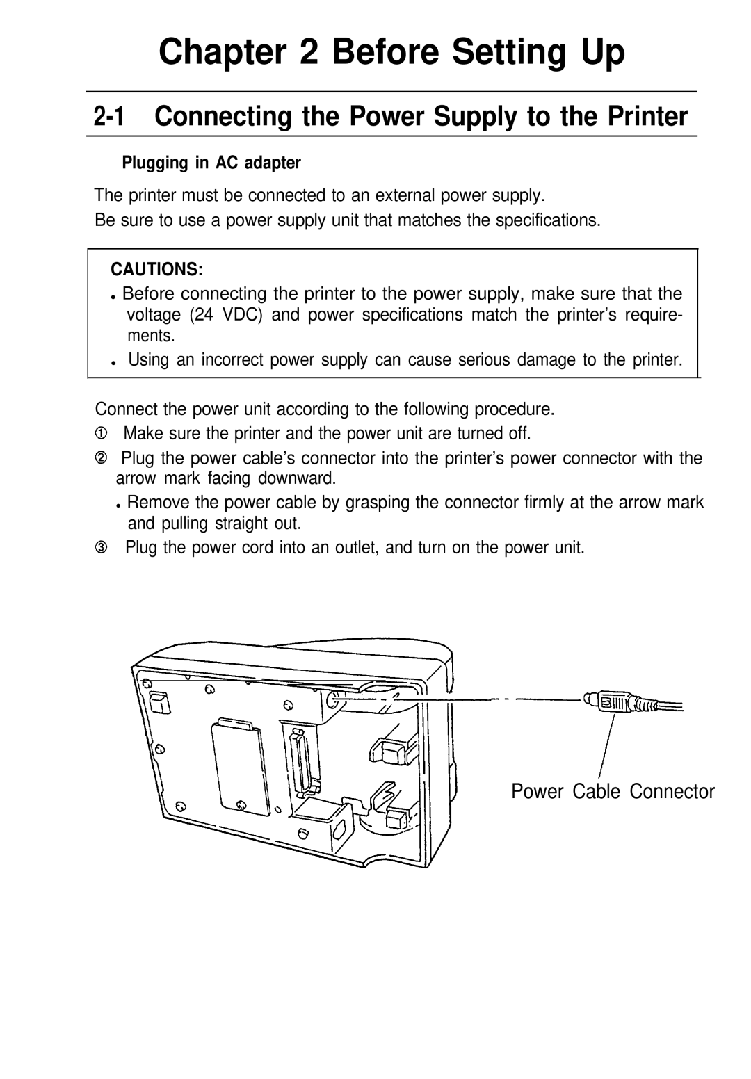 Seiko Group TM-L60 manual Connecting the Power Supply to the Printer, Plugging in AC adapter 