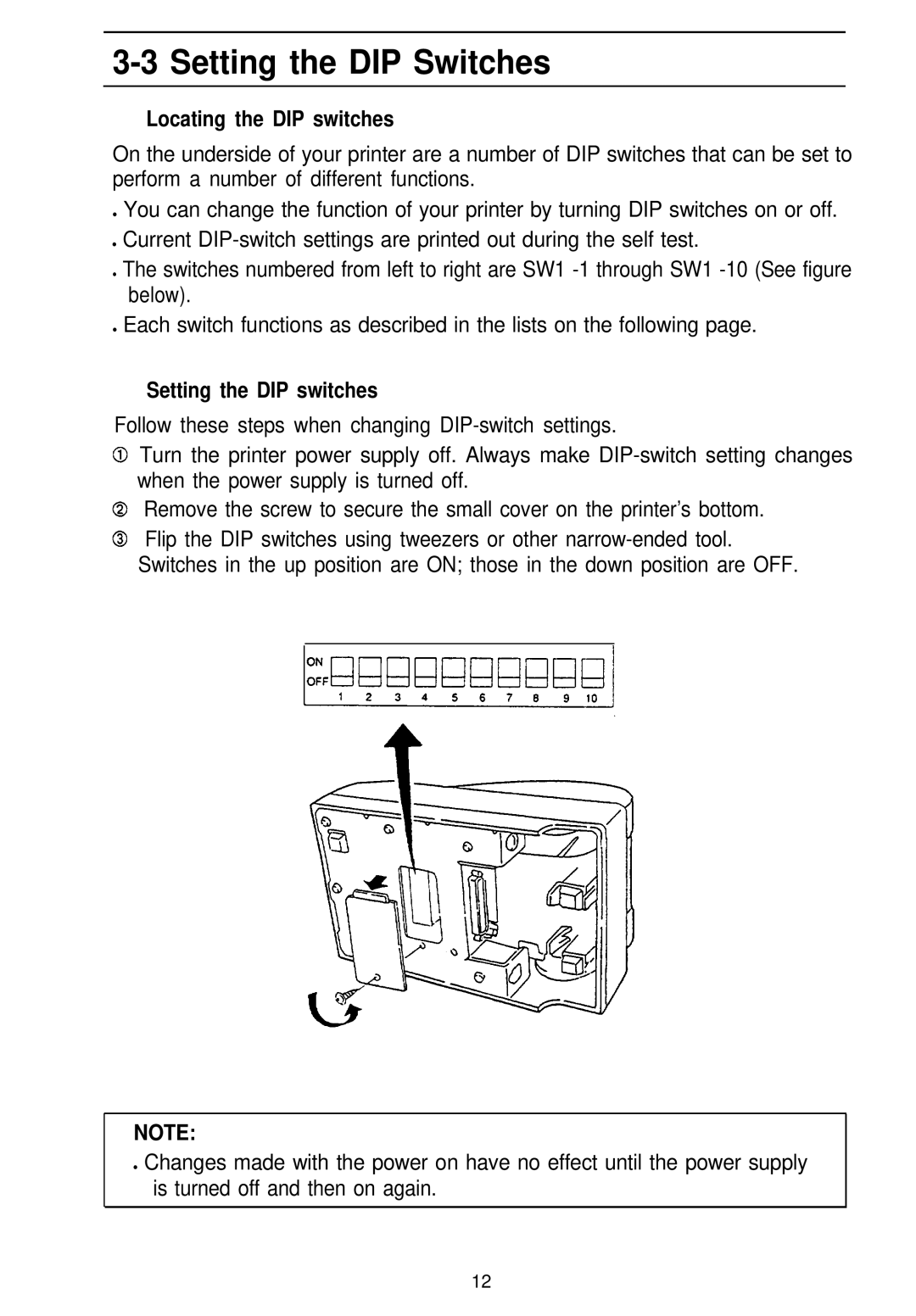 Seiko Group TM-L60 manual Setting the DIP Switches, Locating the DIP switches, Setting the DIP switches 