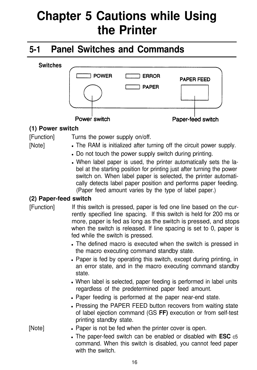 Seiko Group TM-L60 manual 1Panel Switches and Commands, Switches Power switch, Paper-feed switch 