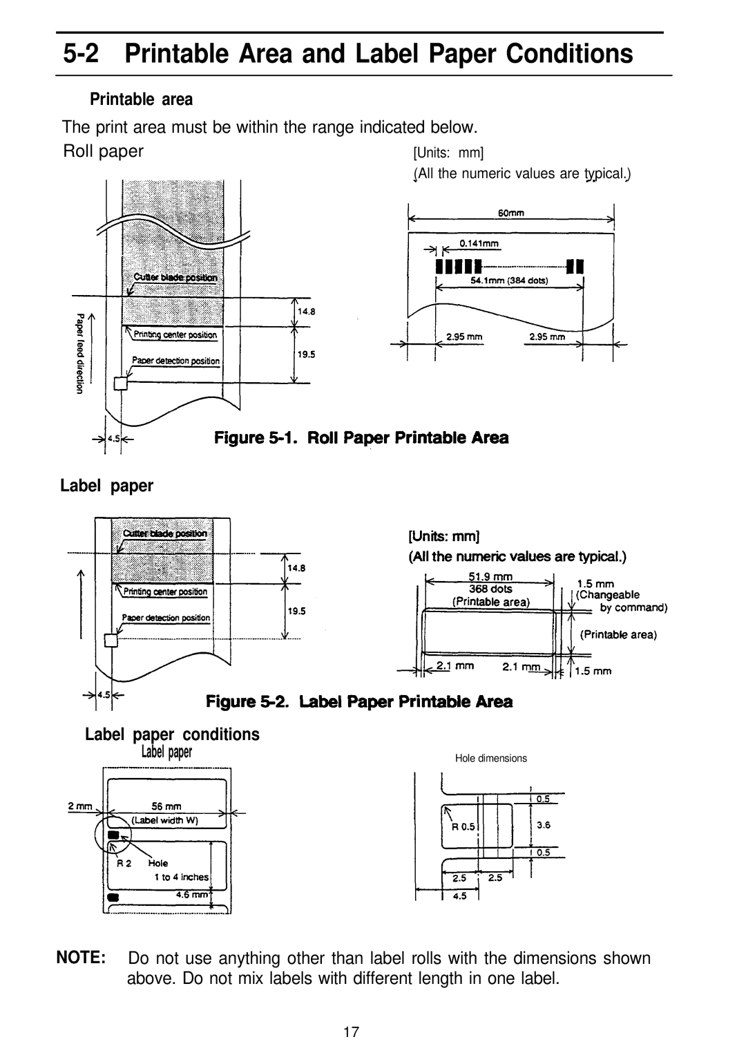 Seiko Group TM-L60 manual Printable Area and Label Paper Conditions, Printable area, Label paper 