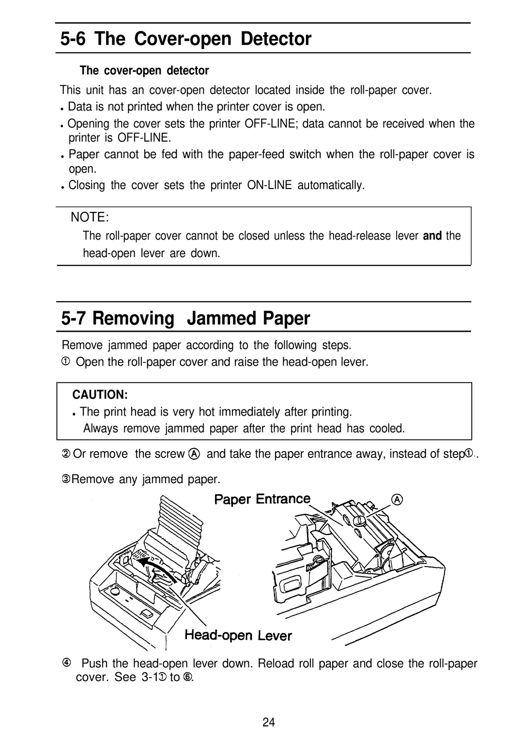 Seiko Group TM-L60 manual Cover-open Detector, Removing Jammed Paper, Cover-open detector 